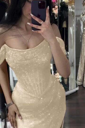 Sequined Off the Shoulder Sleeveless Long Evening Formal Dress With Split