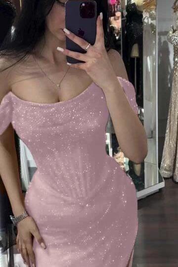 Sequined Off the Shoulder Sleeveless Long Evening Formal Dress With Split