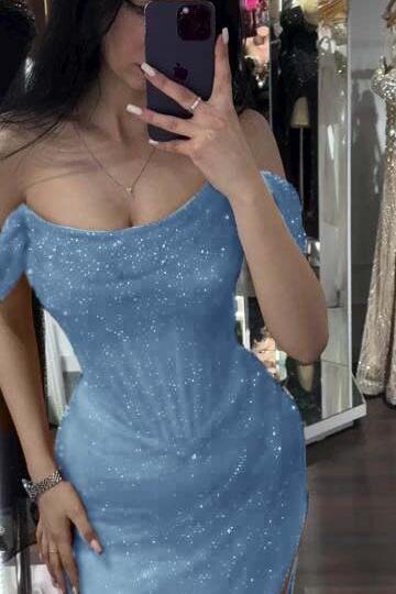 Sequined Off the Shoulder Sleeveless Long Evening Formal Dress With Split