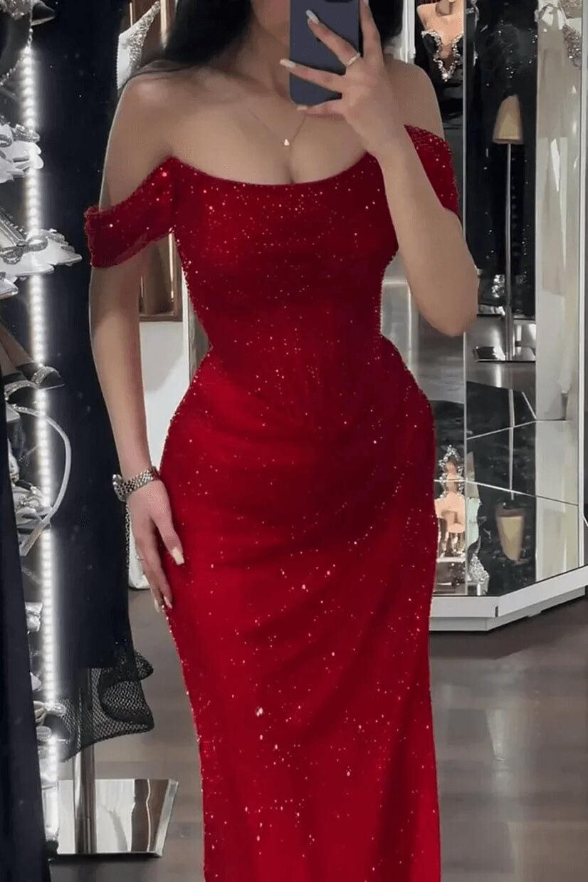 Sequined Off the Shoulder Sleeveless Long Evening Formal Dress With Split