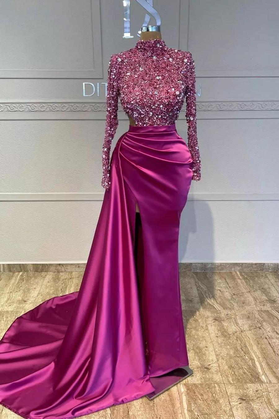 Sequined Prom Dress High Neck Long Sleeves Fuchsia Pleated Long Evening Formal Dress With Split