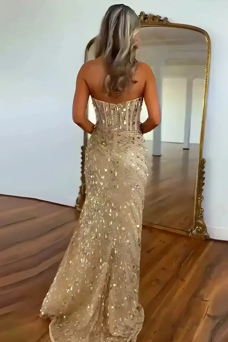 Sequined Prom Dress Sweetheart Mermaid With High Slit Skirt Formal Evening Gown