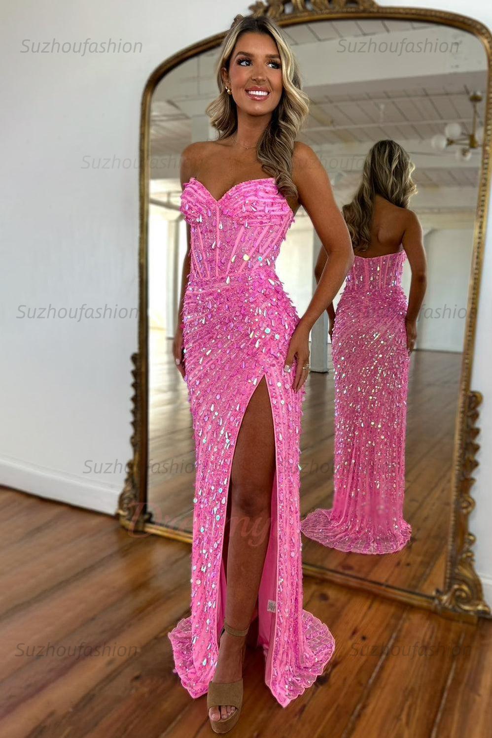 Sequined Prom Dress Sweetheart Mermaid With High Slit Skirt Formal Evening Gown