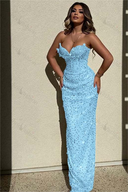 Sequined Strapless Sleeveless High Waist Long Evening Formal Dress With Beadings