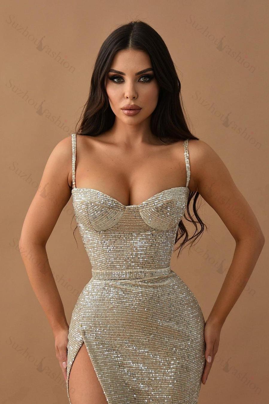 Sequined Straps Sweetheart Sleeveless Long Evening Formal Dress With High Split