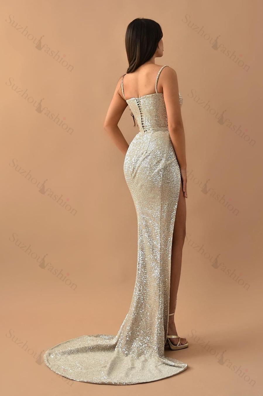 Sequined Straps Sweetheart Sleeveless Long Evening Formal Dress With High Split