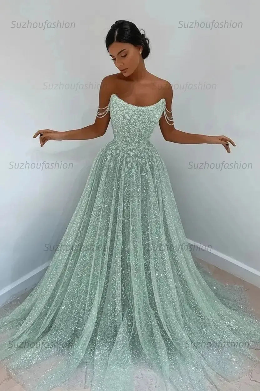 Elegant Sleeveless Blue Lace Prom Dress Long