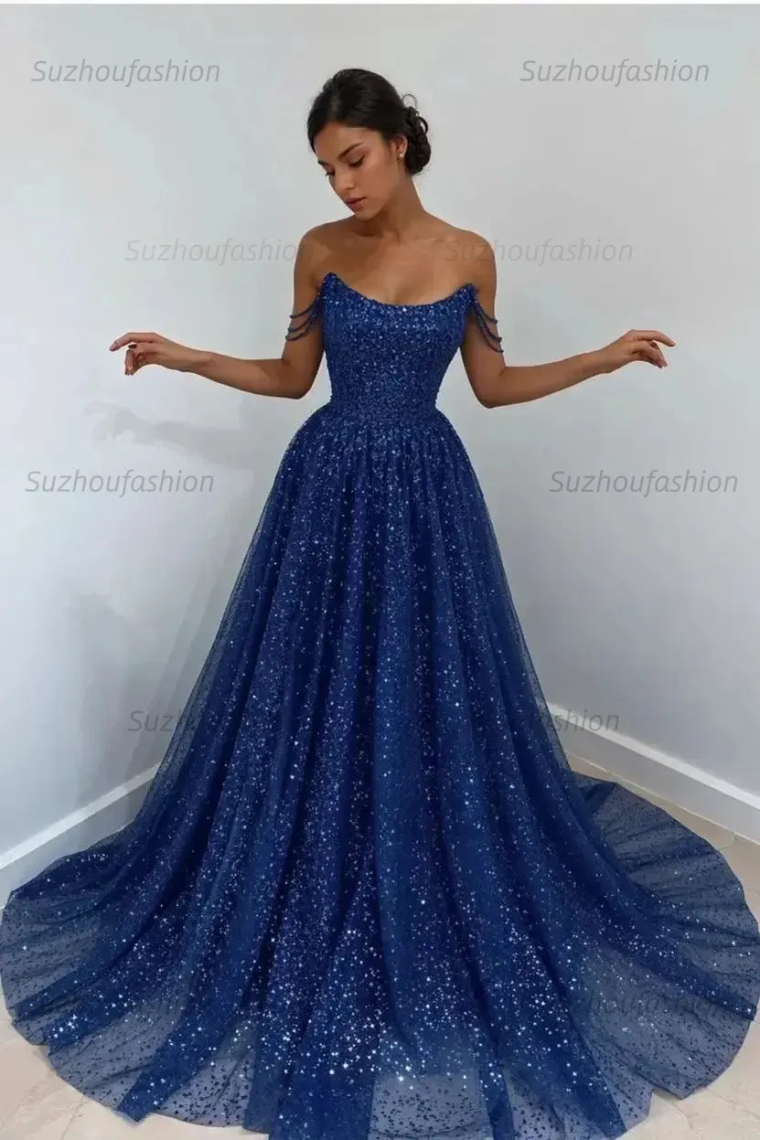 Elegant Sleeveless Blue Lace Prom Dress Long