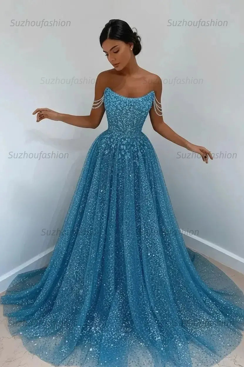 Elegant Sleeveless Blue Lace Prom Dress Long