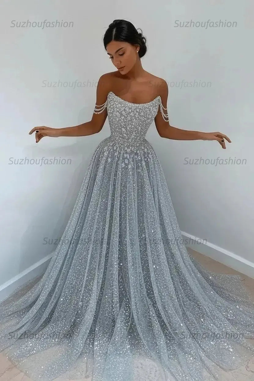Elegant Sleeveless Blue Lace Prom Dress Long