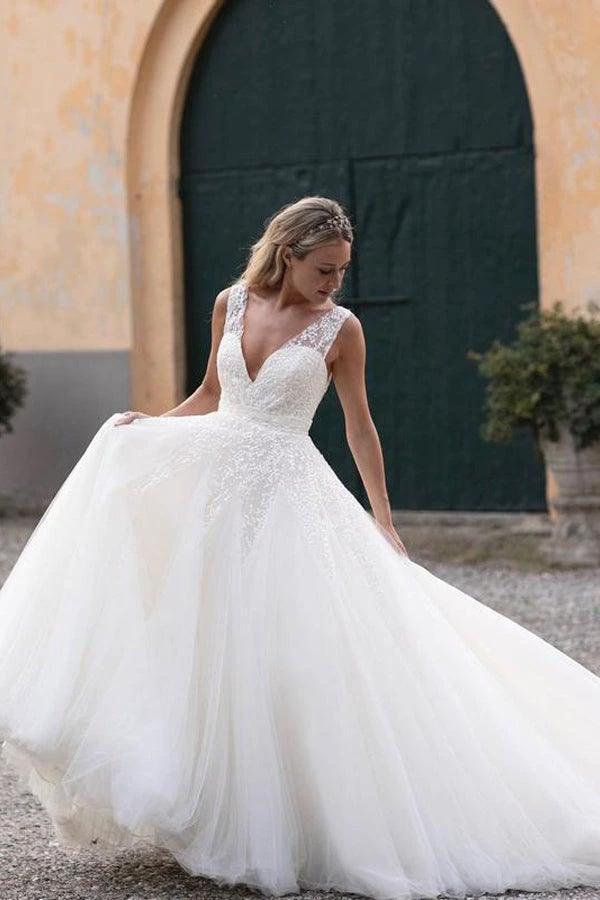 Sequins Lace V-neck Neckline Chapel Train A-line Wedding Dresses (ZD16235)