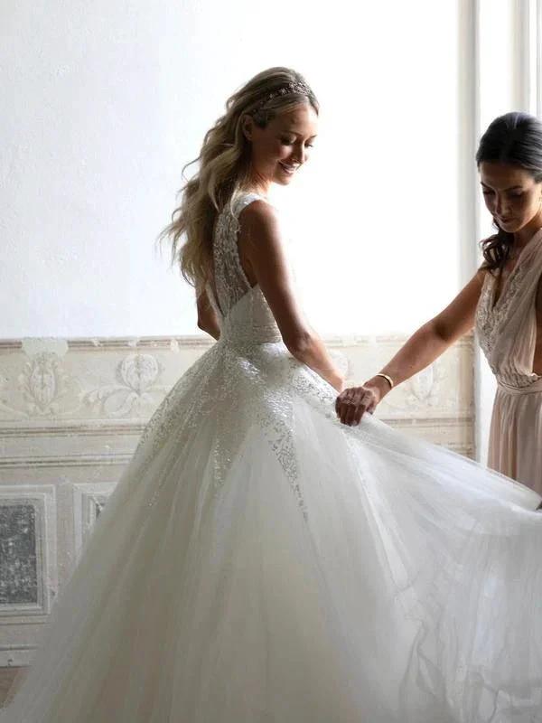 Sequins Lace V-neck Neckline Chapel Train A-line Wedding Dresses (ZD16235)