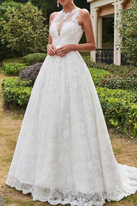 Sexy A-Line Beach Wedding Dress Jewel Lace Tulle Sleeveless Formal Bridal Gowns with Sweep Train
