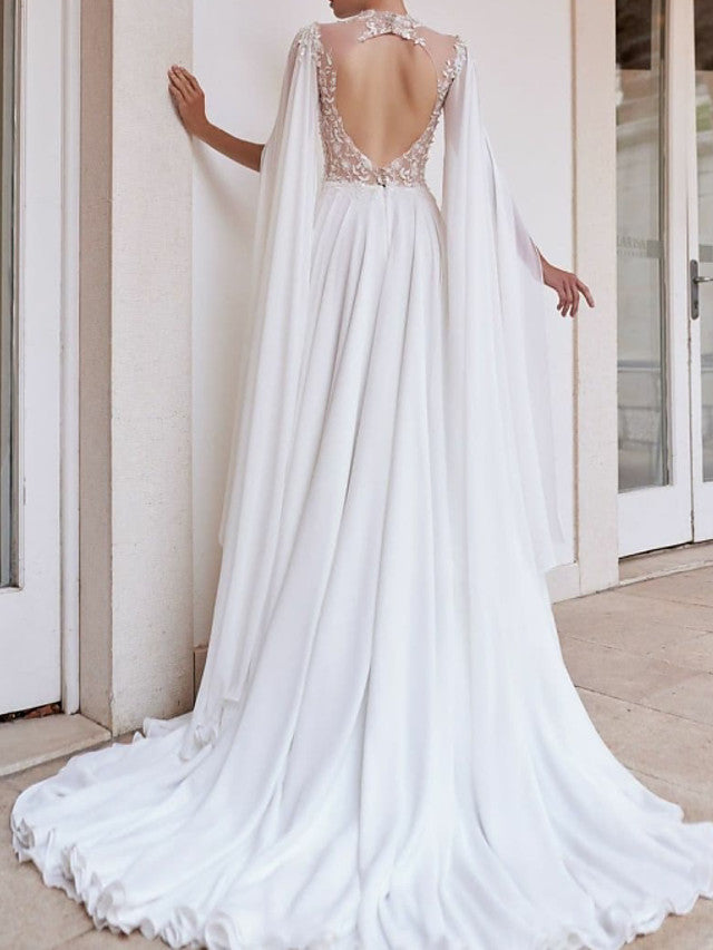 Sexy A-Line Beach Wedding Dresses High Neck Detachable Chiffon Lace Long Sleeve Bridal Gowns See-Through Court Train