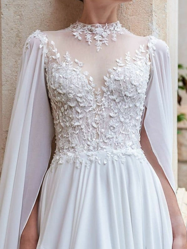 Sexy A-Line Beach Wedding Dresses High Neck Detachable Chiffon Lace Long Sleeve Bridal Gowns See-Through Court Train