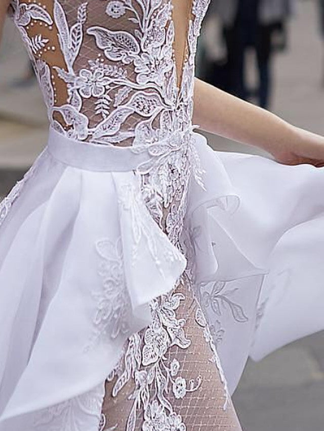 Sexy A-Line Wedding Dresses Plunging Neck Detachable Lace Tulle Chiffon Bridal Gowns Romantic Sweep Train