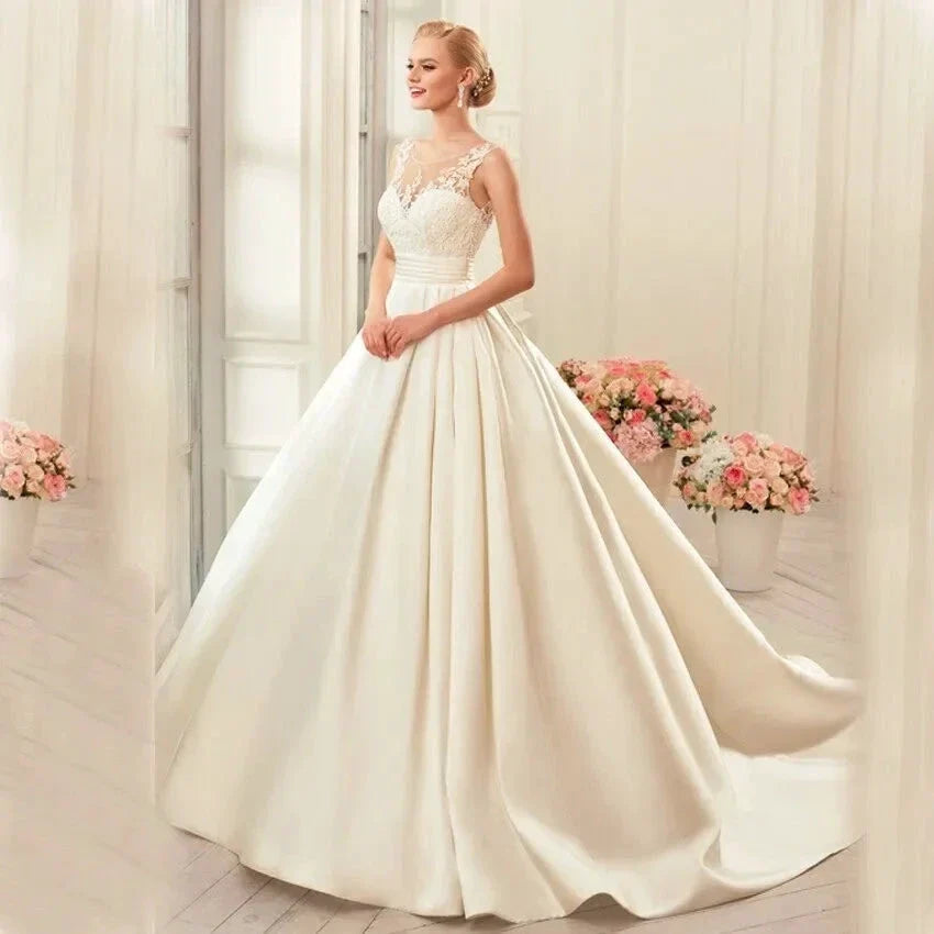 Sexy Backless Satin Wedding Dresses 2023 Chapel Train Bridal Gowns Ivory vestido noiva princesa by payinti