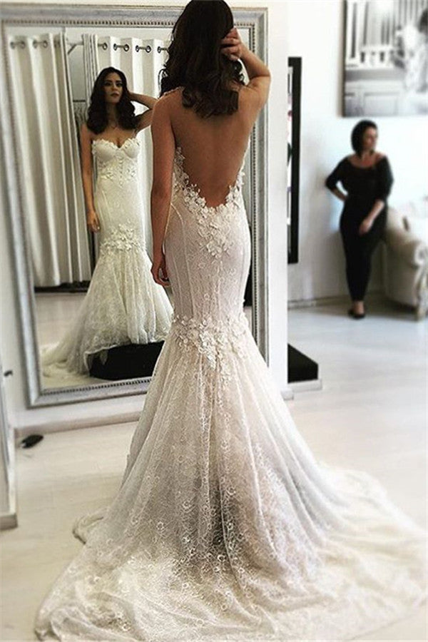 Sexy Backless Sweep-Train Mermaid Lace Sweetheart Wedding Dresses
