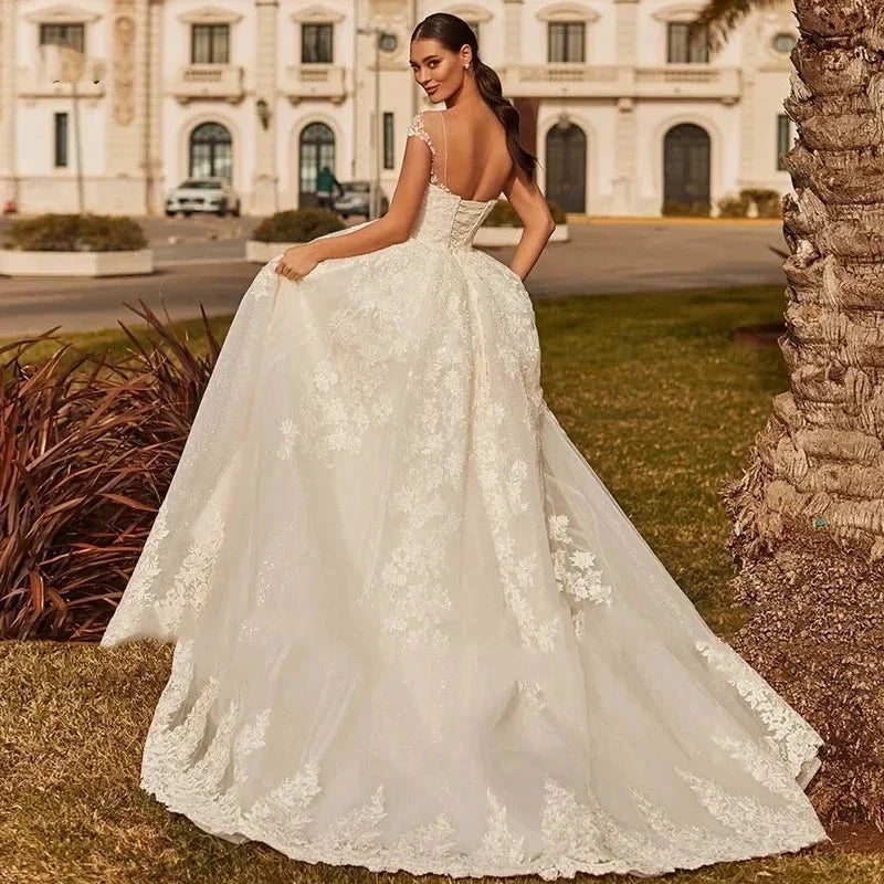 Sexy Backless Vestidos De Novia Appliques Vestido De Noiva Cap Sleeve Wedding Dresses Lace Robe De Mariée (ZD14028)