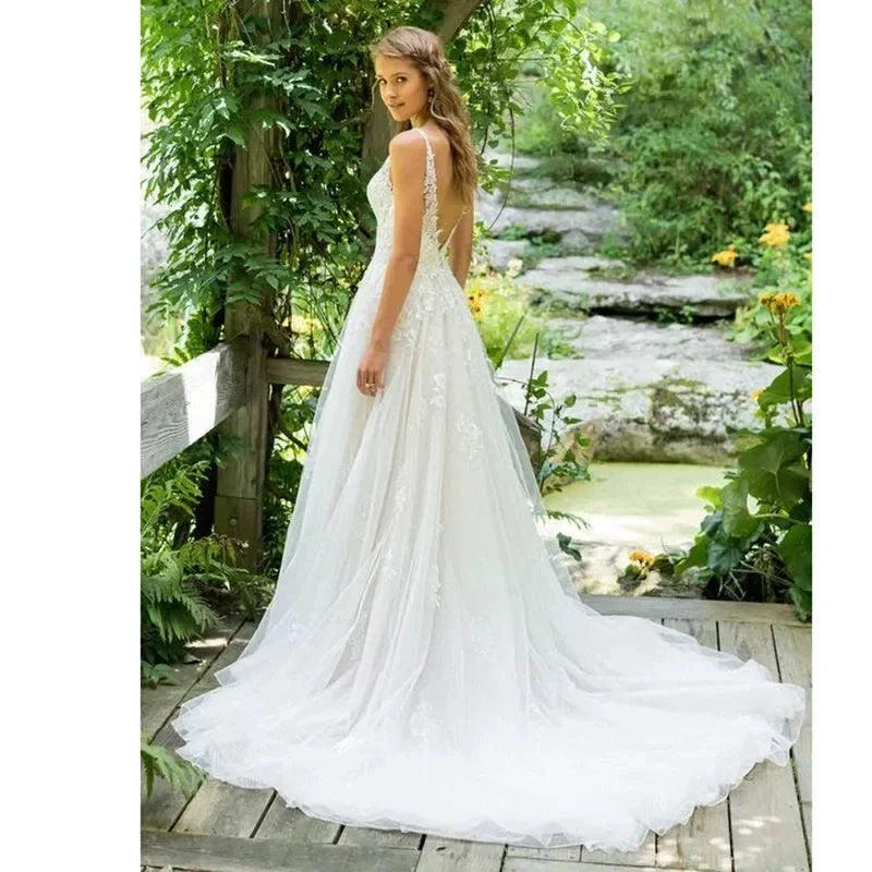 Sexy Backless Vestidos De Novia Appliques Vestido De Noiva V-Neck Wedding Dresses Lace Robe De Mariée (ZD14027)