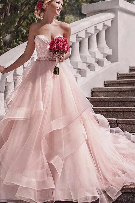 Sexy Ball Gown Wedding Dresses Strapless Lace Tulle Strapless Plus Size Bridal Gowns in Color with Court Train