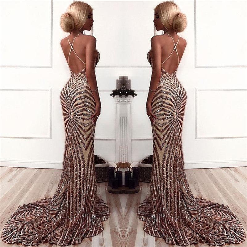 Sexy Champagne Stripes Formal Evening Dress | V-neck Open Back Ball Dress with Long Train BA8496
