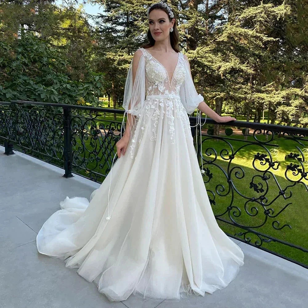 Sexy Deep V Neck Wedding Dress A-Line 3/4 Sleeve Open Back Tulle Lace Appliquéd Boho Bridal Gown Vestidos Custom by payinti