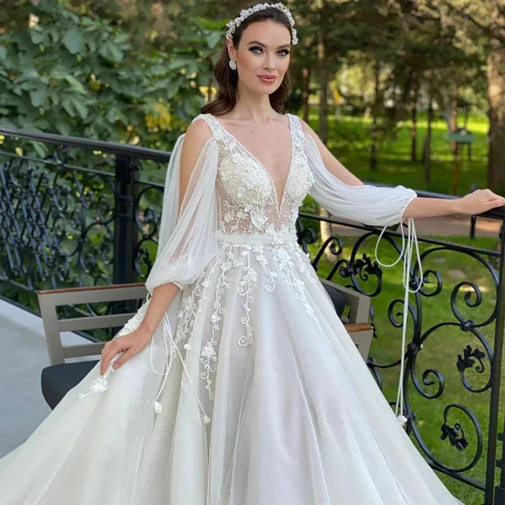 Sexy Deep V Neck Wedding Dress A-Line 3/4 Sleeve Open Back Tulle Lace Appliquéd Boho Bridal Gown Vestidos Custom (ZD14114)