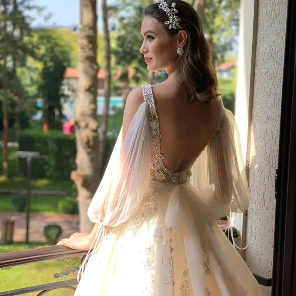 Sexy Deep V Neck Wedding Dress A-Line 3/4 Sleeve Open Back Tulle Lace Appliquéd Boho Bridal Gown Vestidos Custom (ZD14114)
