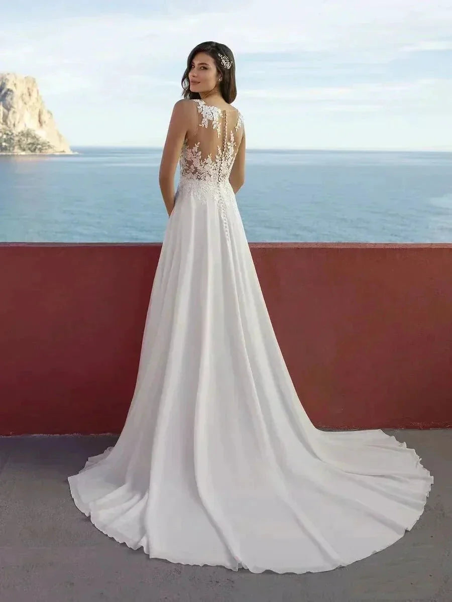 Sexy High Split Boho Chiffon Beach Wedding Dresses Summer V Neck Illusion Back Lace Bride Wedding Gowns Vestidos De Noiva (ZD14091)