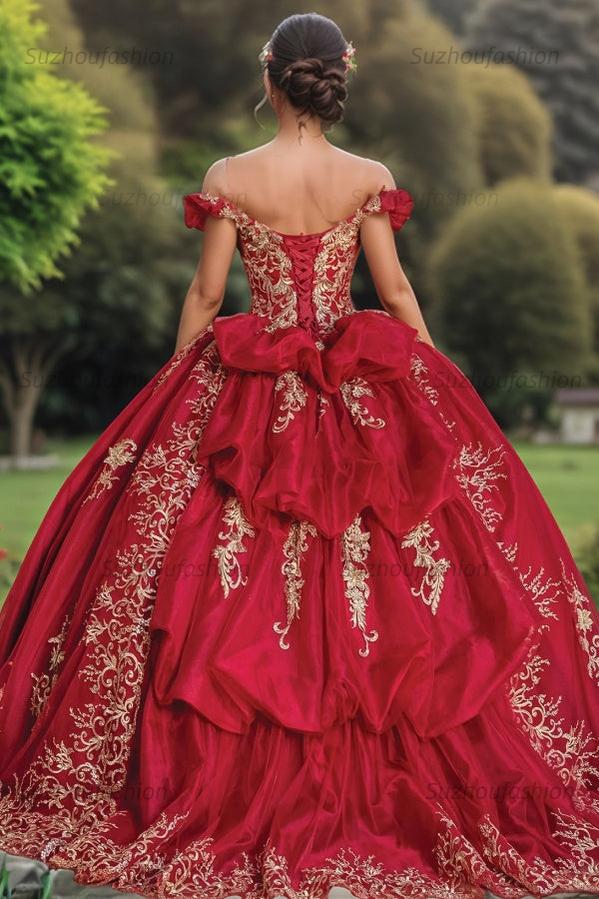 Sexy & Hot Ball Gown Off Shoulder Gold Flower Appliques Lace Up Tiered Red Tulle Quinceanera Dress Birthday Party Dress For Sweet 16