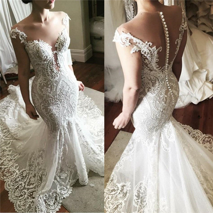 Sexy Lace Mermaid Wedding Dress  | Glamorous Sheer Tulle Bridal Gowns with Buttons