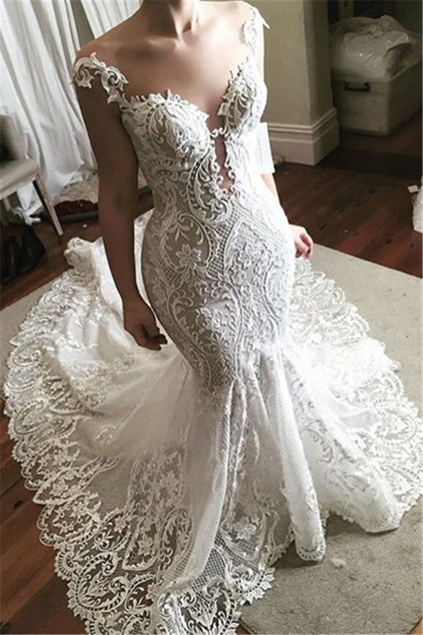 Sexy Lace Mermaid Wedding Dress  | Glamorous Sheer Tulle Bridal Gowns with Buttons
