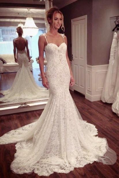 Sexy Lace Spaghetti Strap Mermaid Wedding Dress Latest Court Train Open Back  Bridal Gowns