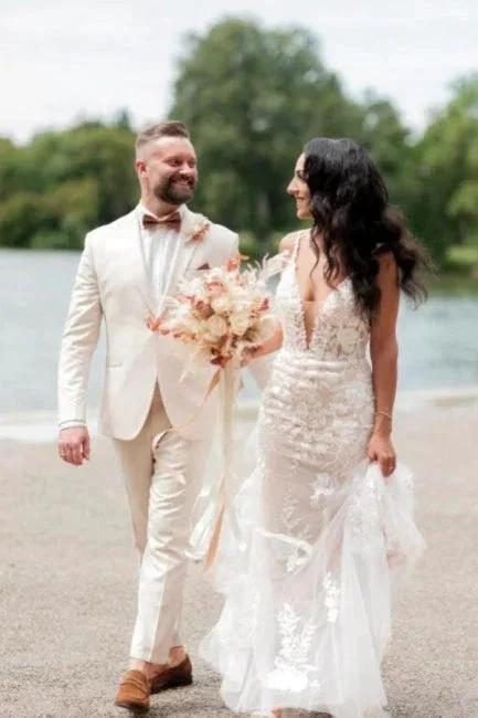 Sexy Long Mermaid V-neck Sleeveless Wedding dresses With Lace (ZD15613)