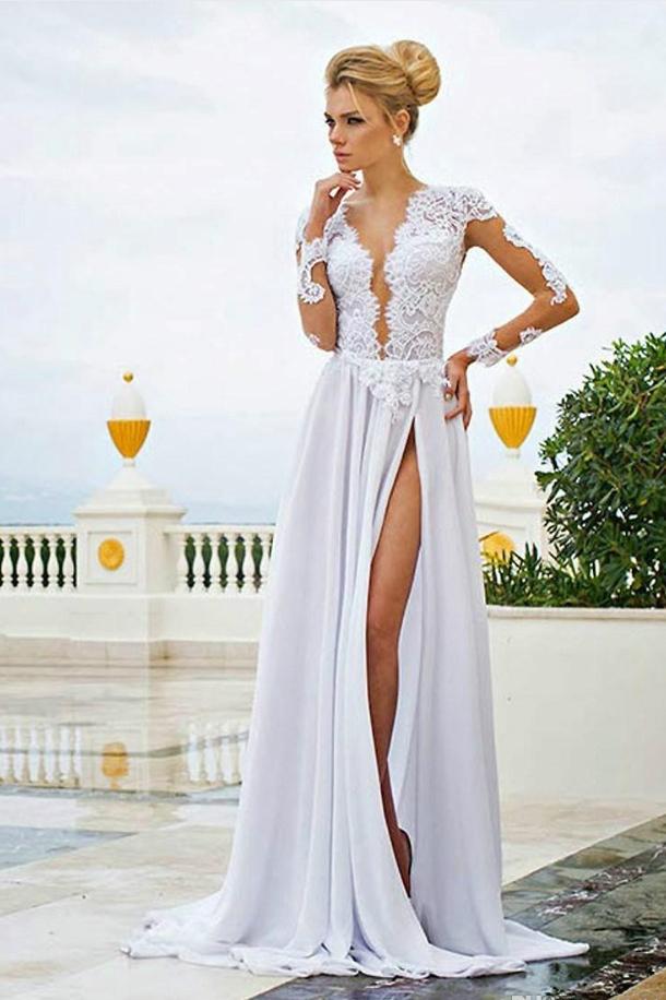 Sexy Long Sleeve V-Neck Wedding Dresses  A-Line Split-front Open Back Bridal Gowns