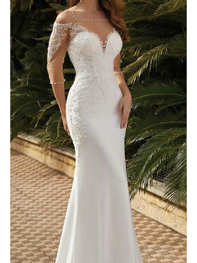 Sexy Mermaid Beach Wedding Dress Square Neck Lace Satin Tulle Half Sleeves Bridal Gowns with Sweep Train