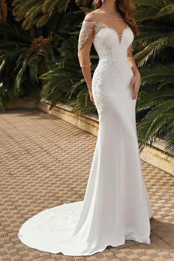 Sexy Mermaid Beach Wedding Dress Square Neck Lace Satin Tulle Half Sleeves Bridal Gowns with Sweep Train