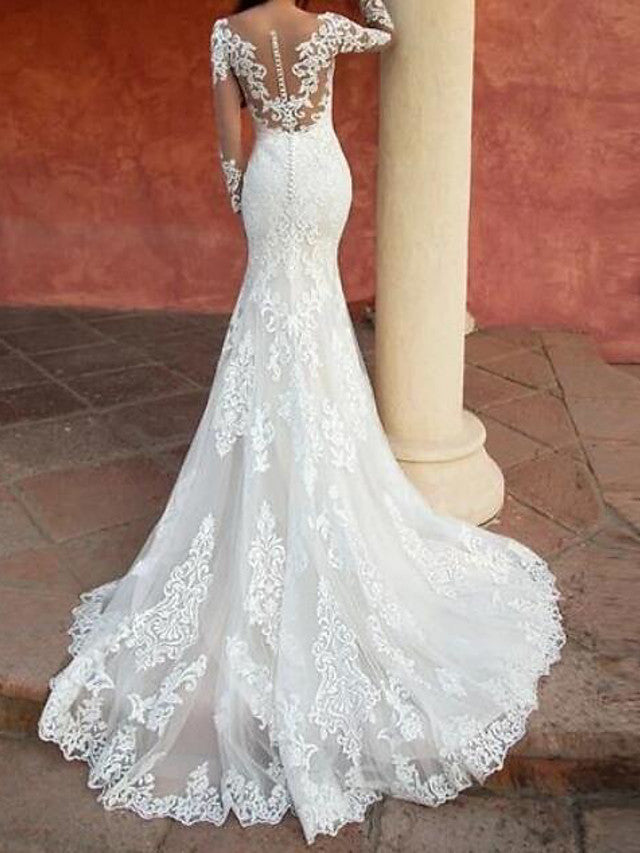 Sexy Mermaid Beach Wedding Dresses Jewel Lace Tulle Long Sleeve Bridal Gowns Sweep Train