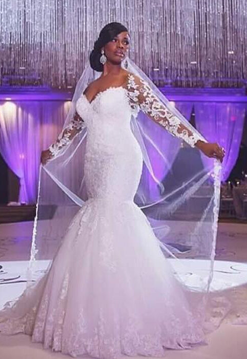 Sexy Mermaid Lace long Sleeve Plus Size Wedding Dress  High Quality Bridal Gowns