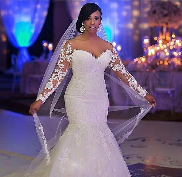 Sexy Mermaid Lace long Sleeve Plus Size Wedding Dress  High Quality Bridal Gowns
