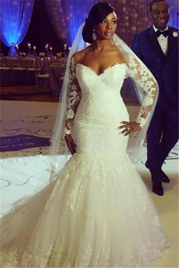 Sexy Mermaid Lace long Sleeve Plus Size Wedding Dress  High Quality Bridal Gowns