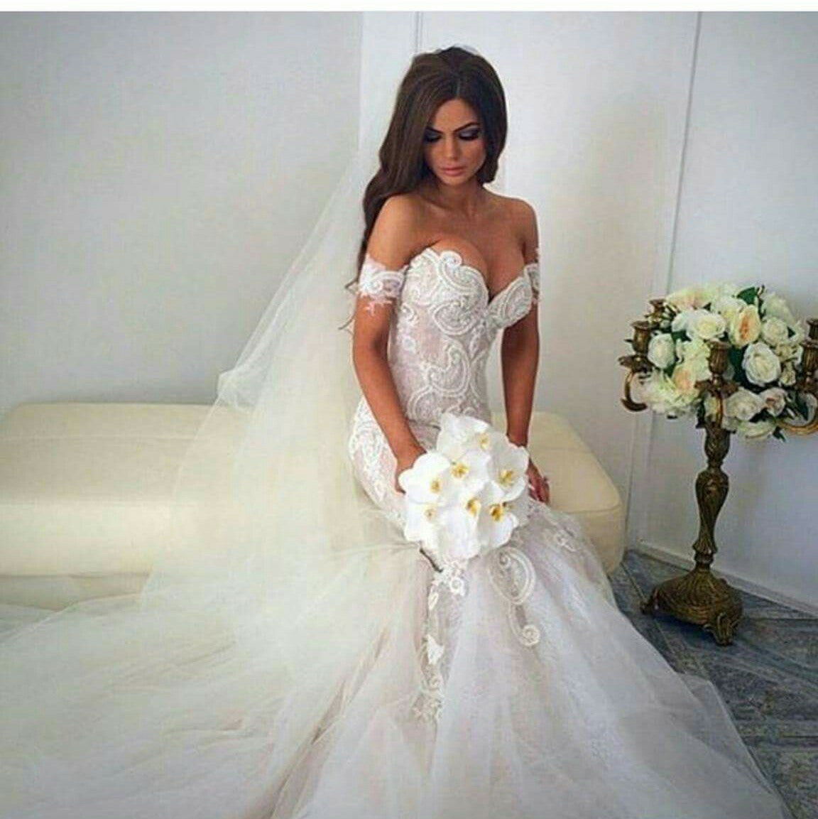 Sexy Mermaid Off Shoulder Long Wedding Dress White Court Train Formal Bridal Gowns