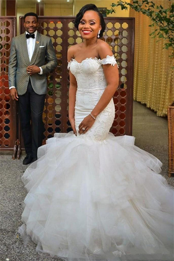 Sexy Mermaid Off the Shoulder Wedding Dresses  Lace Up Back Organza Wedding Gowns WE0033