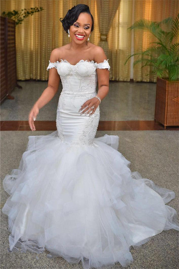 Sexy Mermaid Off the Shoulder Wedding Dresses  Lace Up Back Organza Wedding Gowns WE0033