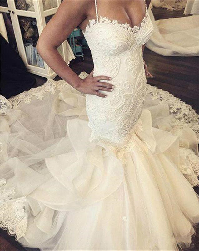Sexy Mermaid Spaghetti Strap Wedding Dresses New Arrival Lace Applique Bridal Gowns
