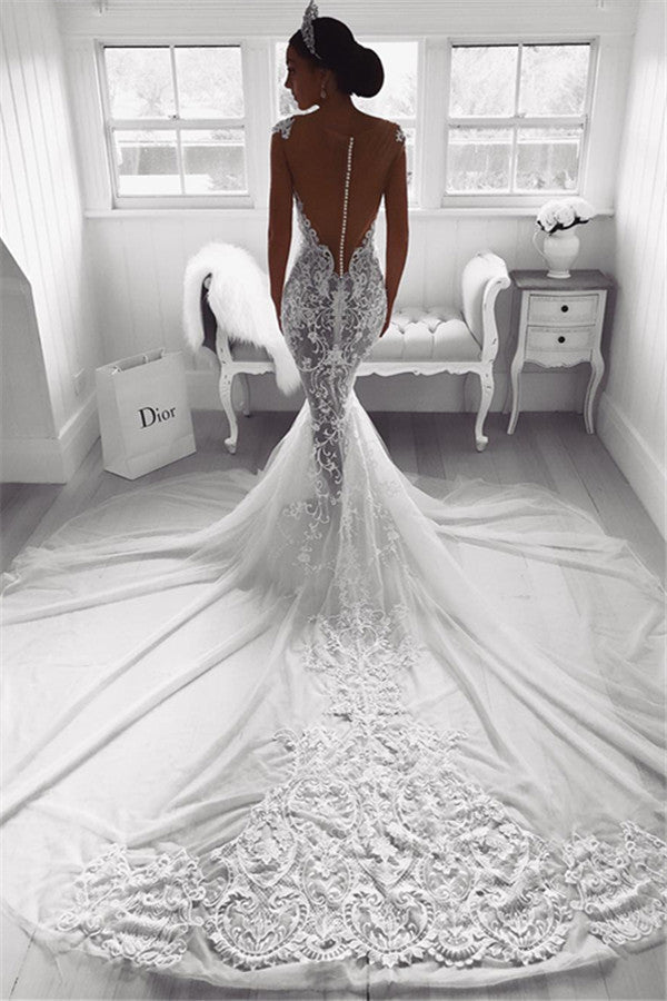 Sexy Mermaid Straps Beach Wedding Dresses | Sheer Tulle Sleeveless Appliques Bridal Gowns