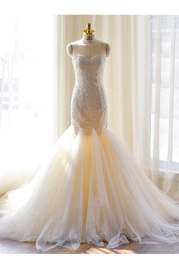 Sexy Mermaid Sweetheart Tulle Long Wedding Dress Court Train Lace-Up Plus Size Bridal Gown