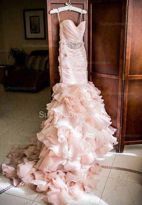Sexy Mermaid Sweetheart Wedding Dresses  Pink Crystal Lace-Up Lovely Ruffles Bridal Gowns