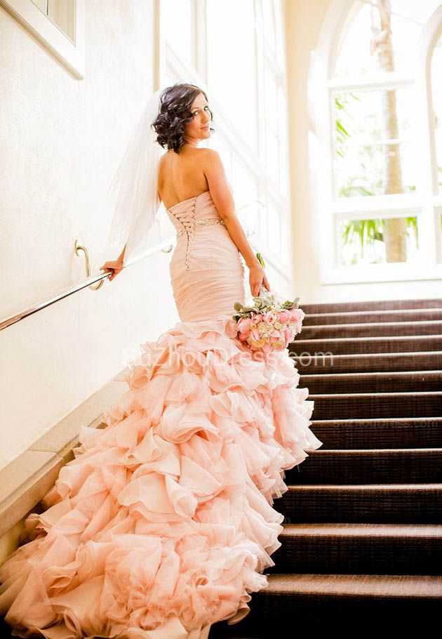 Sexy Mermaid Sweetheart Wedding Dresses  Pink Crystal Lace-Up Lovely Ruffles Bridal Gowns